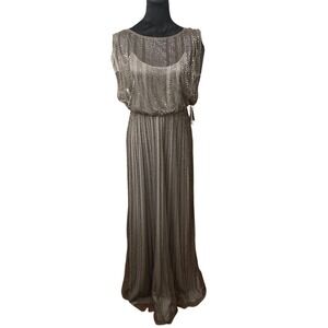 Adrianna Papell Pewter Beaded Blouson Maxi Formal Gown Dress-10-Sleeveless NWT